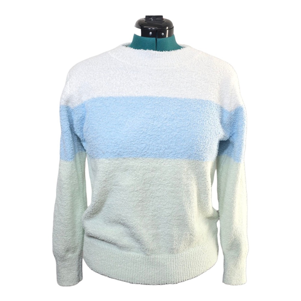 Unbranded Colorblock Sweater Women S Blue Green White Fuzzy Knit Crewneck Boho